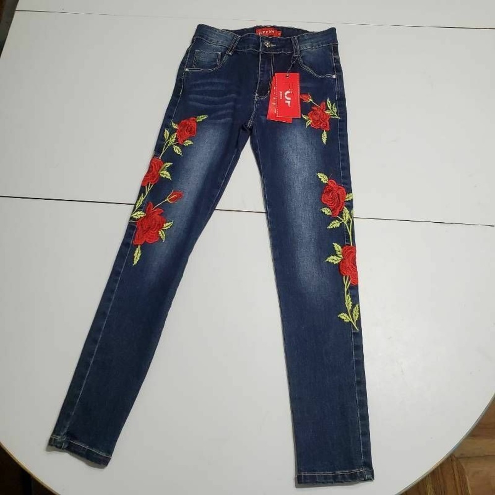 Pop Jeans Girls Slim Skinny Denim Blue Floral Embroidered Pockets 12 New
